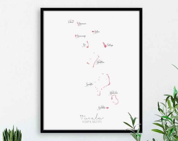 Tuvalu Map Portrait / Labelled Watercolour / Digital or Printed Wall Art / Large Map Poster / Gift Idea / Giclee Print / Home Decor