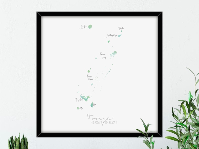 Tonga Map Square Labelled Watercolour Digital or Printed Wall Art Large Map Poster Gift Idea Giclee Print Tonga Home Decor
