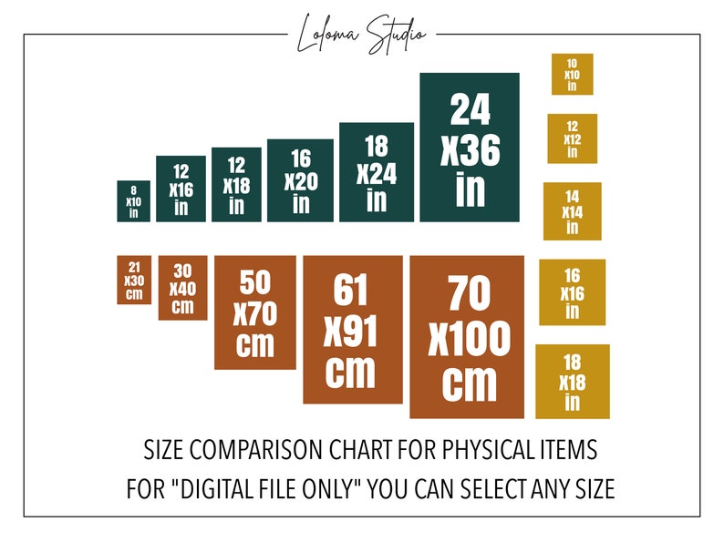 Puede incluir: Tabla de comparaci&oacute;n de tama&ntilde;os para art&iacute;culos f&iacute;sicos. La tabla muestra diferentes tama&ntilde;os en pulgadas y cent&iacute;metros. La tabla est&aacute; etiquetada como "PARA "ARCHIVO DIGITAL SOLO" PUEDE SELECCIONAR CUALQUIER TAMA&Ntilde;O".