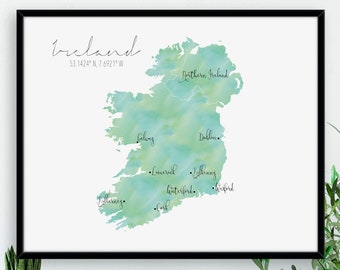 Ireland Map / Labelled Watercolour / Digital or Printed Wall Art / Large Map Poster / Gift Idea / Giclee Print / Home Decor