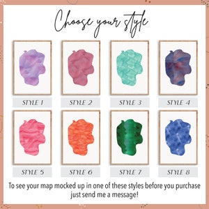 May include: Eight framed watercolour map art prints in different styles. Each print displays an abstract shape in colours such as purple, red, teal, and blue. The text "Choose your style" is at the top, with style numbers below each print. The bottom text says "To see your map mocked up..."