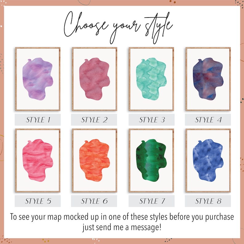 May include: Eight framed watercolour map art prints in different styles. Each print displays an abstract shape in colours such as purple, red, teal, and blue. The text "Choose your style" is at the top, with style numbers below each print. The bottom text says "To see your map mocked up..."