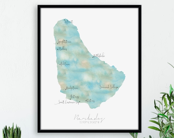 Barbados Map Portrait / Caribbean Labelled Watercolour / Digital or Printed Wall Art / Large Map Poster / Gift Idea / Giclee Print / Decor