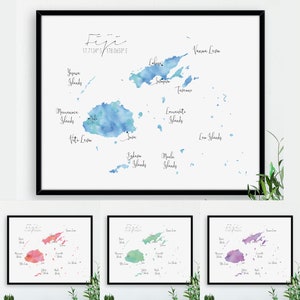 Fiji Labelled Watercolour Map, Honeymoon Gift, Gift for Her, Map of Fiji Islands, Anniversary Present, Large Map Poster, Travel Decor Art