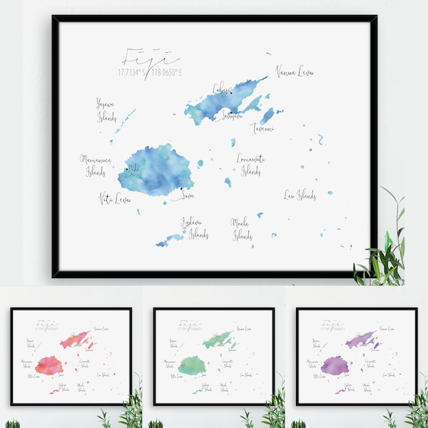 Fiji Labelled Watercolour Map, Honeymoon Gift, Gift for Her, Map of Fiji Islands, Anniversary Present, Large Map Poster, Travel Decor Art