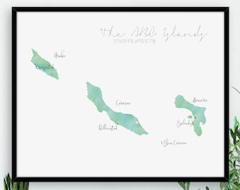 The ABC Islands Map - Aruba Bonaire Curaçao / Labelled Watercolour / Digital or Printed Wall Art / Large Map Poster / Gift Idea / Giclee art
