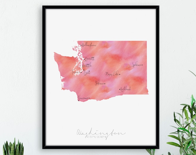 Washington Map Portrait / USA / Labelled Watercolour / Digital or Printed Wall Art / Large Map Poster Gift Idea / Giclee Print / Home Decor