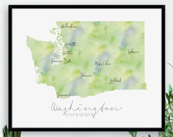 Washington State Map / USA / Labelled Watercolour / Digital or Printed Wall Art / Large Map Poster / Gift Idea / Giclee Print / Home Decor