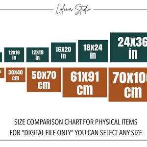 May include: Size comparison chart for physical items in inches and centimetres. The chart shows different sizes of prints, ranging from 8x10 inches to 70x100 centimetres. The text "For "Digital File Only" You Can Select Any Size" is at the bottom of the chart.