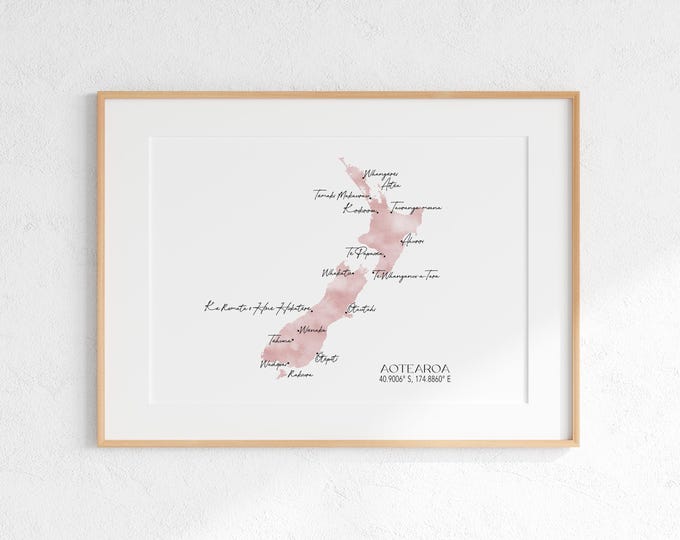 Aotearoa NZ Labelled Watercolour Landscape Map 2