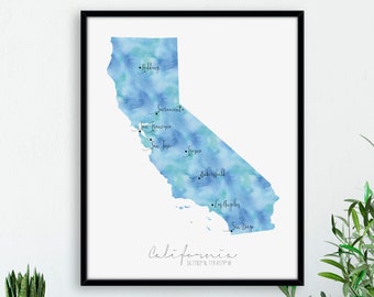 California Map USA Portrait / Labelled Watercolour / Digital or Printed Wall Art / Large Map Poster / Gift Idea / Giclee Print / Home Decor