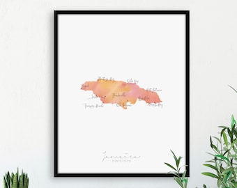 Jamaica Map / Labelled Watercolour / Digital or Printed Wall Art / Large Map Poster / Gift Idea / Giclee Print / Home Decor