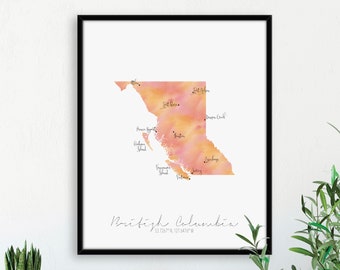 British Columbia Canada Map Portrait / Labelled Watercolour / Digital or Printed Wall Art / Large Map Poster / Gift Idea / Giclee Print