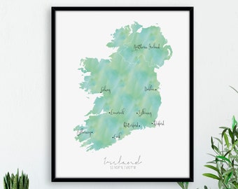 Ireland Map Portrait / Labelled Watercolour / Digital or Printed Wall Art / Large Map Poster / Gift Idea / Giclee Print / Home Decor