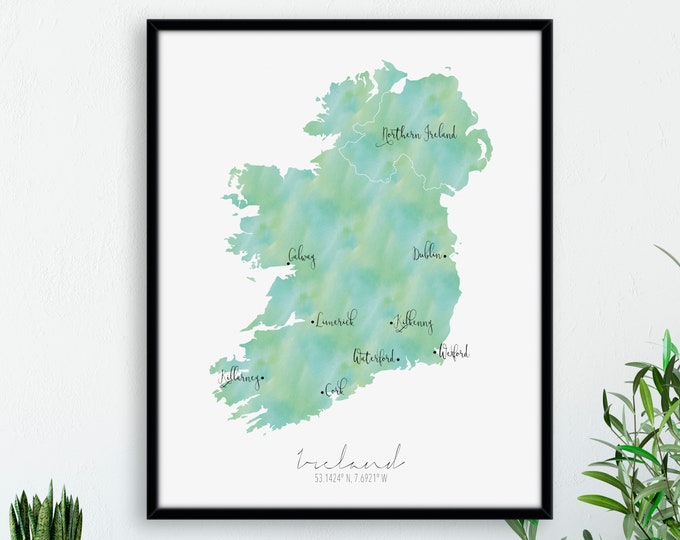 Ireland Map Portrait / Labelled Watercolour / Digital or Printed Wall Art / Large Map Poster / Gift Idea / Giclee Print / Home Decor