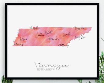 Tennessee  Map / USA / Labelled Watercolour / Digital or Printed Wall Art / Large Map Poster / Gift Idea / Giclee Print / Home Decor