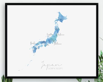 Japan Map / Asia / Labelled Watercolour / Digital or Printed Wall Art / Large Map Poster / Gift Idea / Giclee Print / Home Decor