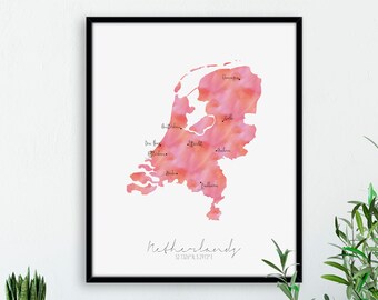 Netherlands Map Portrait / Labelled Watercolour / Digital or Printed Wall Art / Large Map Poster / Gift Idea / Giclee Print / Europe Trip