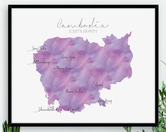 Cambodia Map / Labelled Watercolour / Digital or Printed Wall Art / Large Map Poster / Gift Idea / Giclee Print / Home Decor