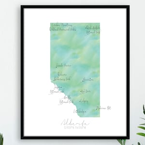 Portrait de carte de l'Alberta, Canada / Aquarelle étiquetée / Art mural numérique ou imprimé / Grande affiche de carte / Idée cadeau / Impression jet d'encre / Décoration d'intérieur