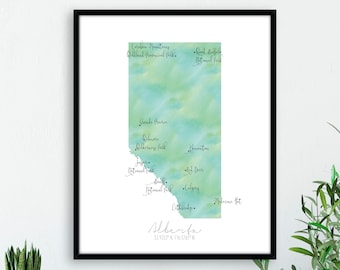 Alberta Canada kaart portret / gelabeld aquarel / digitale of gedrukte muurkunst / grote kaart poster / cadeau-idee / giclee print / woondecoratie