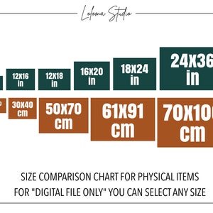 Puede incluir: Tabla de comparaci&oacute;n de tama&ntilde;os para art&iacute;culos f&iacute;sicos en pulgadas y cent&iacute;metros. La tabla muestra diferentes tama&ntilde;os de impresiones, que van desde 8x10 pulgadas hasta 70x100 cent&iacute;metros. El texto "Para "Archivo digital solamente" Puedes seleccionar cualquier tama&ntilde;o" est&aacute; en la parte inferior de la tabla.