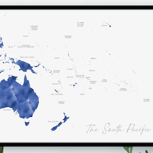 The South Pacific Karte / Beschriftetes Aquarell / Leinwand oder gedruckte Wandkunst / Große Karte Poster / Geschenkidee / Giclée-Druck / Home Decor / Art