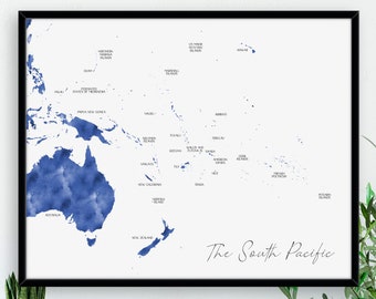 The South Pacific Map / Labelled Watercolour / Canvas or Printed Wall Art / Large Map Poster / Gift Idea / Giclee Print / Home Decor / Art