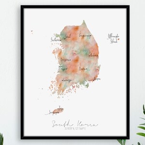 Zuid-Korea Kaart Portret / Gelabeld Aquarel / Digitale of Gedrukte Muur Kunst / Grote Kaart Poster / Cadeau Idee / Giclee Print / Home Decor