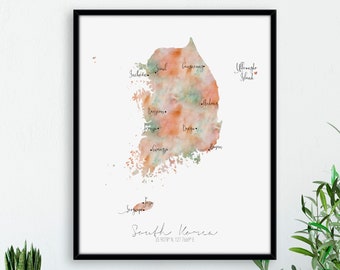 South Korea Map Portrait / Labelled Watercolour / Digital or Printed Wall Art / Large Map Poster / Gift Idea / Giclee Print / Home Decor