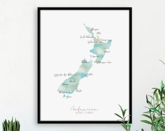 Aotearoa Map Portrait  / Maori Place Names / Labelled Watercolour / Digital or Printed Wall Art / Large Map Poster / Gift Idea / Te Reo