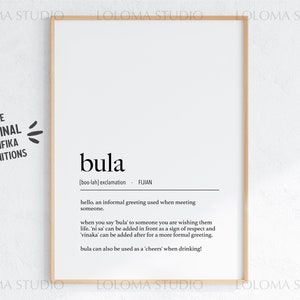 Bula (Hello) Definition Digital Print - Fijian Art - iTaukei Print - Fijian Language - Fiji Islands Gift - Bula Vinaka - Minimalist Art