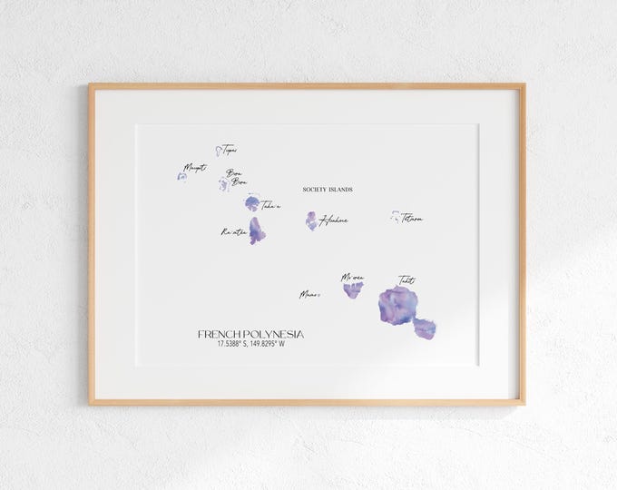 French Polynesia Society Islands Watercolour Landscape Map 2