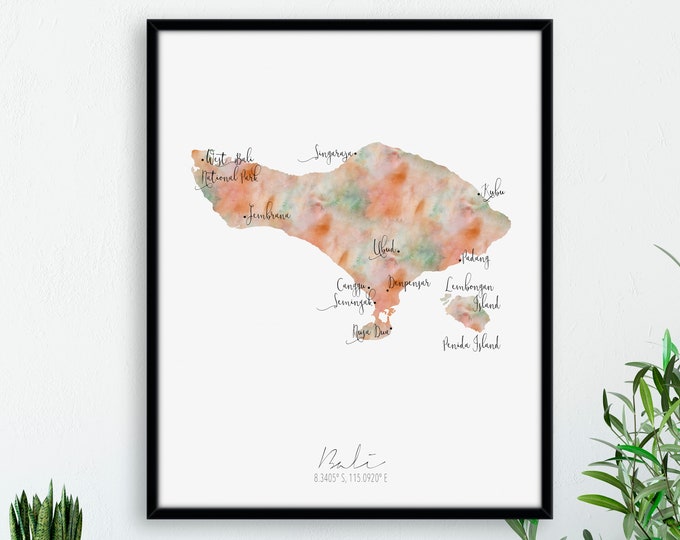 Bali Map Portrait / Indonesia Labelled Watercolour / Digital or Printed Wall Art / Large Map Poster / Gift Idea / Giclee Print / Home Decor