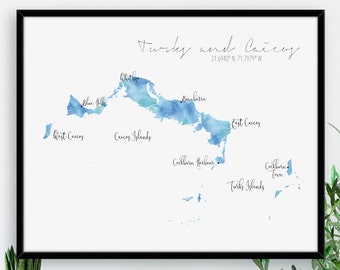 Turks and Caicos Map / Labelled Watercolour / Caribbean Digital or Printed Wall Art / Large Map Poster / Gift Idea / Giclee art