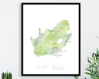 South Africa Map Portrait / Africa Labelled Watercolour / Digital or Printed Wall Art / Large Map Poster / Gift Idea / Giclee Print / Decor