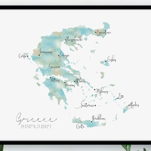 Greece  Map  / Labelled Watercolour / Digital or Printed Wall Art / Large Map Poster / Gift Idea / Giclee Print / Home Decor