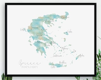 Greece  Map  / Labelled Watercolour / Digital or Printed Wall Art / Large Map Poster / Gift Idea / Giclee Print / Home Decor