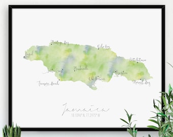 Jamaica Map / Labelled Watercolour / Digital or Printed Wall Art / Large Map Poster / Gift Idea / Giclee Print / Home Decor