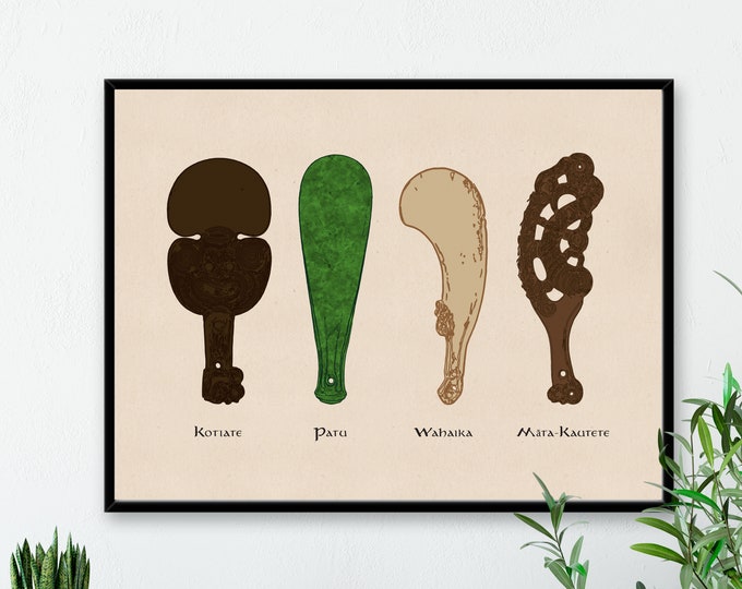 Aotearoa New Zealand Maori Short War Clubs Natural Print