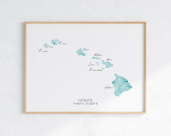 Hawaii Labelled Watercolour Landscape Map 2