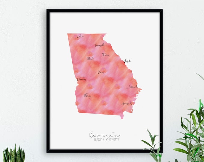 Georgia Map USA Portrait / Labelled Watercolour / Digital or Printed Wall Art / Large Map Poster / Gift Idea / Giclee Print / Home Decor