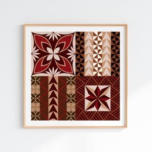 May include: Square framed art print featuring a geometric design in shades of red, brown, and beige. The artwork is divided into four sections, each with a unique pattern, including floral and arrow motifs. The print is displayed on a white wall.