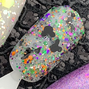 Not So Scary Mouse - Holographic Purple, Green, Orange and Black Glitter Polish Top Coat with Black Mouse Heads and Bats