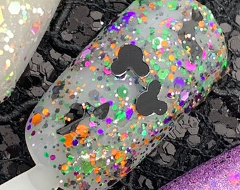 Not So Scary Mouse - Holographic Purple, Green, Orange and Black Glitter Polish Top Coat with Black Mouse Heads and Bats