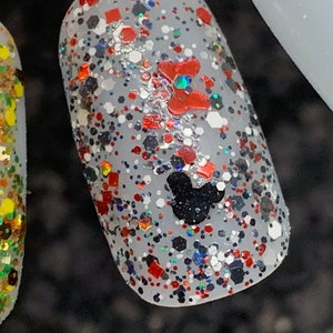 Girly Mouse - Red, Black and White Glitter Polish Top Coat with Black Mouse Heads and Red Bows