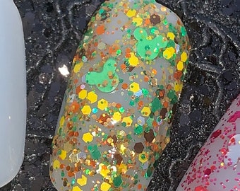 Adventure Mouse- Green, Gold, Orange, Yellow Glitter Polish Top Coat with Green Mouse Head Glitter