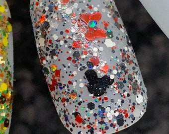 Girly Mouse - Red, Black and White Glitter Polish Top Coat with Black Mouse Heads and Red Bows