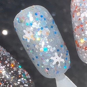 Frost Bite - Opal, White and Light Blue Metallic Glitter Winter Nail Polish Top Coat With White Snowflake Glitter