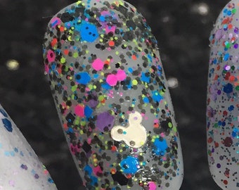 Electric Parade - Bright Neon and Black Glitter Polish Top Coat With Silver Holographic Mouse Head Glitter